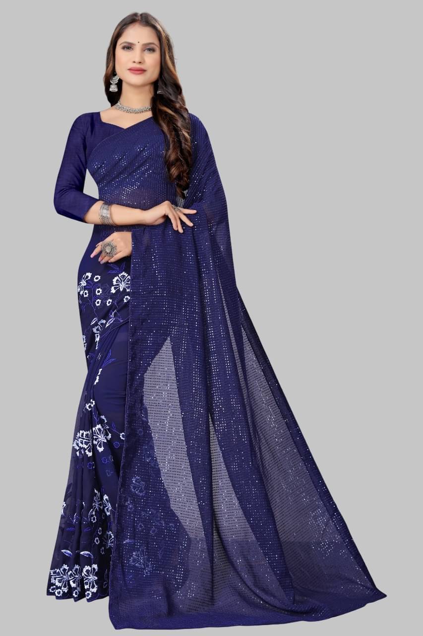 SATVASHIV Georgette Embroidered Regular Saree With Unstitched Blouse Piece ( Navy Blue )     			SATVASHIV Georgette Embroidered Regular Saree With Unstitched Blouse Piece ( Navy Blue )