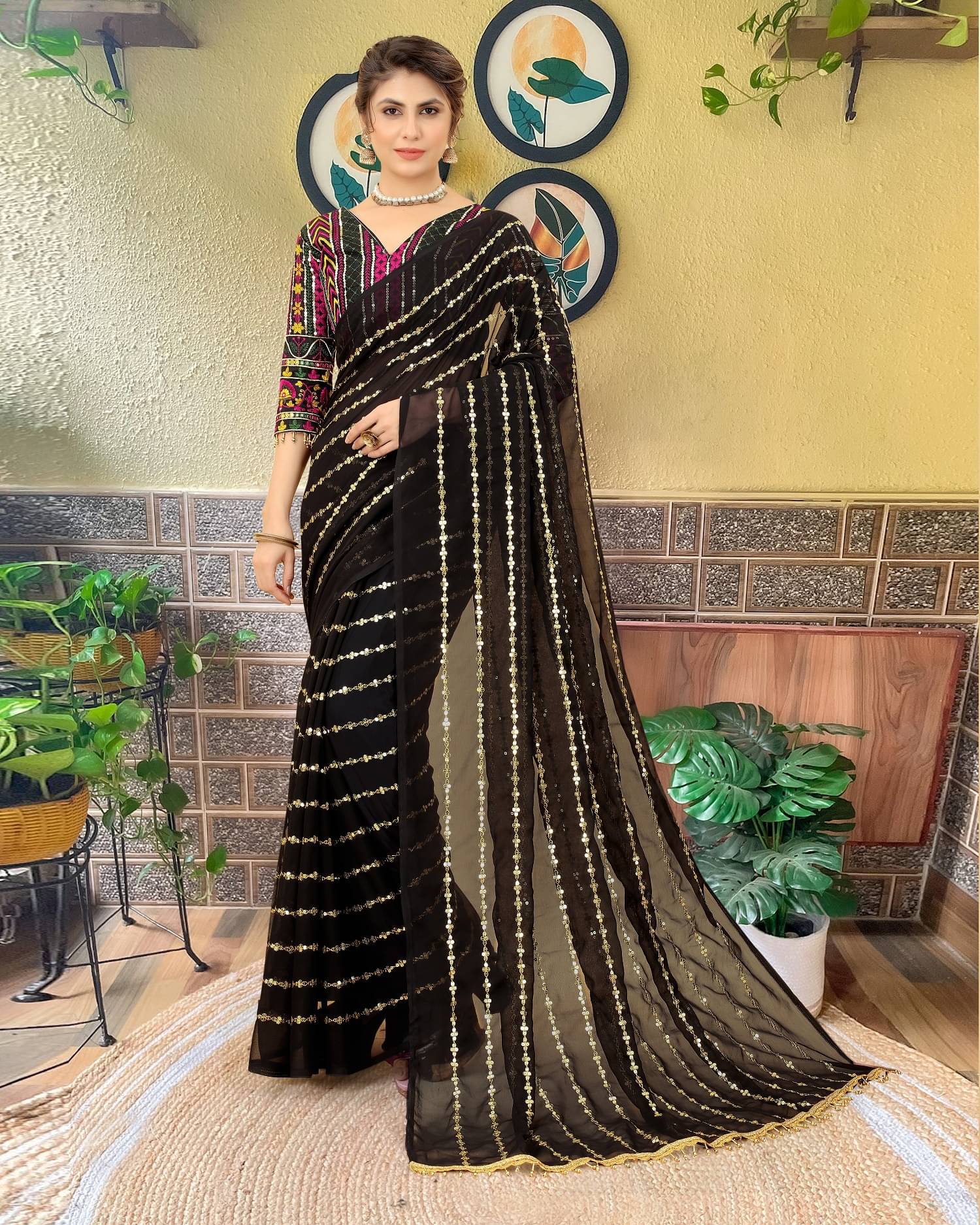 SATVASHIV Georgette Embroidered Regular Saree With Unstitched Blouse Piece ( Black )     			SATVASHIV Georgette Embroidered Regular Saree With Unstitched Blouse Piece ( Black )