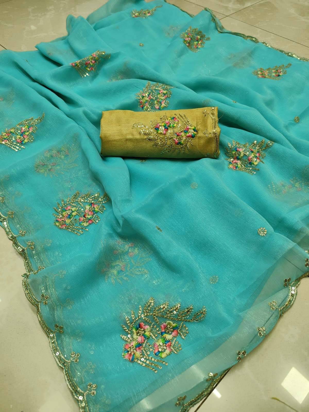     			Sareez House Chiffon Embroidered Regular Saree With Unstitched Blouse Piece ( Turquoise )