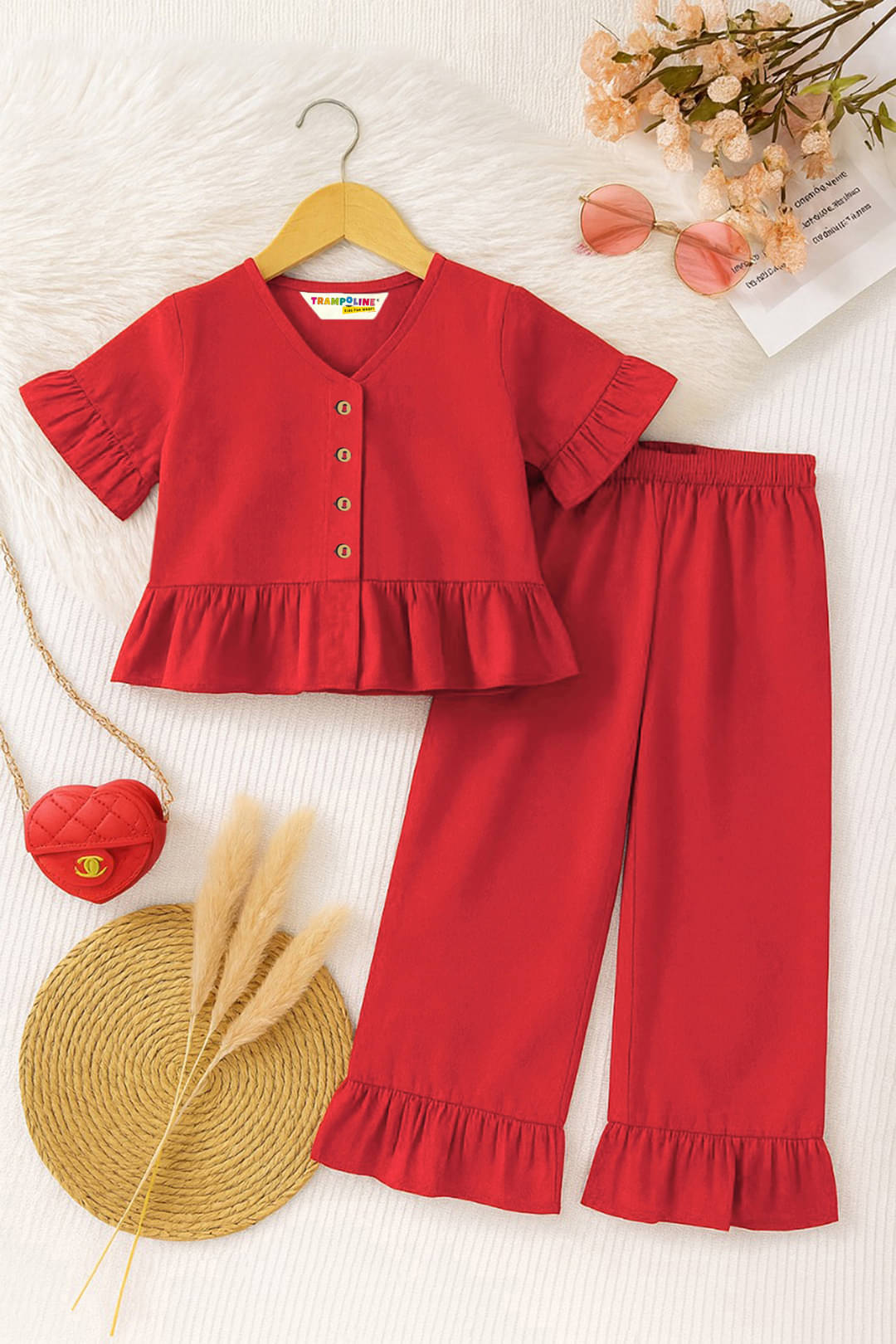     			Trampoline Cotton Solid Top With Trouser Co-Ord Set For Girls ( Red )
