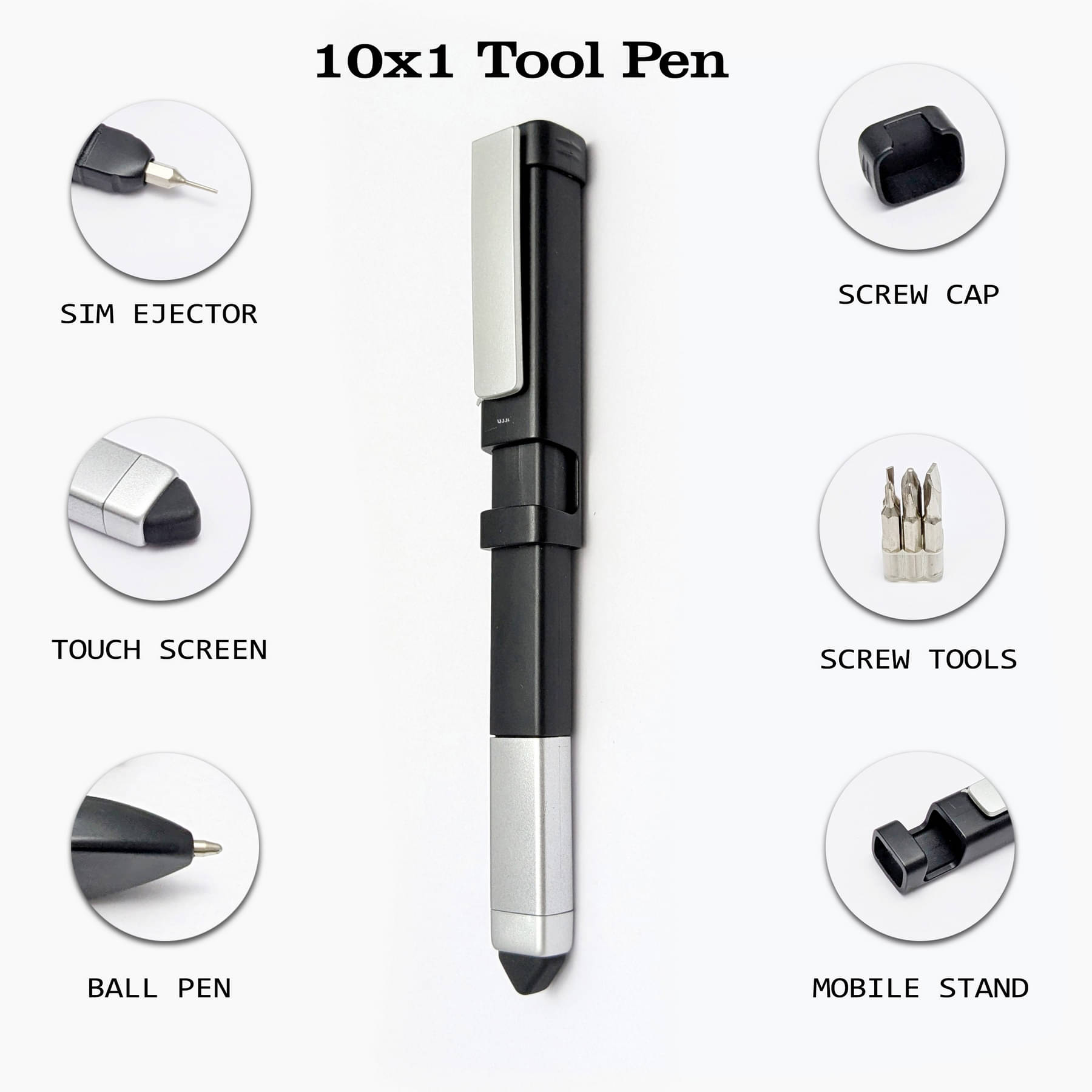 UJJi 10x1 Multi Use Tool Pen Black with Silver Multi Function Pen UJJi 10x1 Multi Use Tool Pen Black with Silver Multi Function Pen