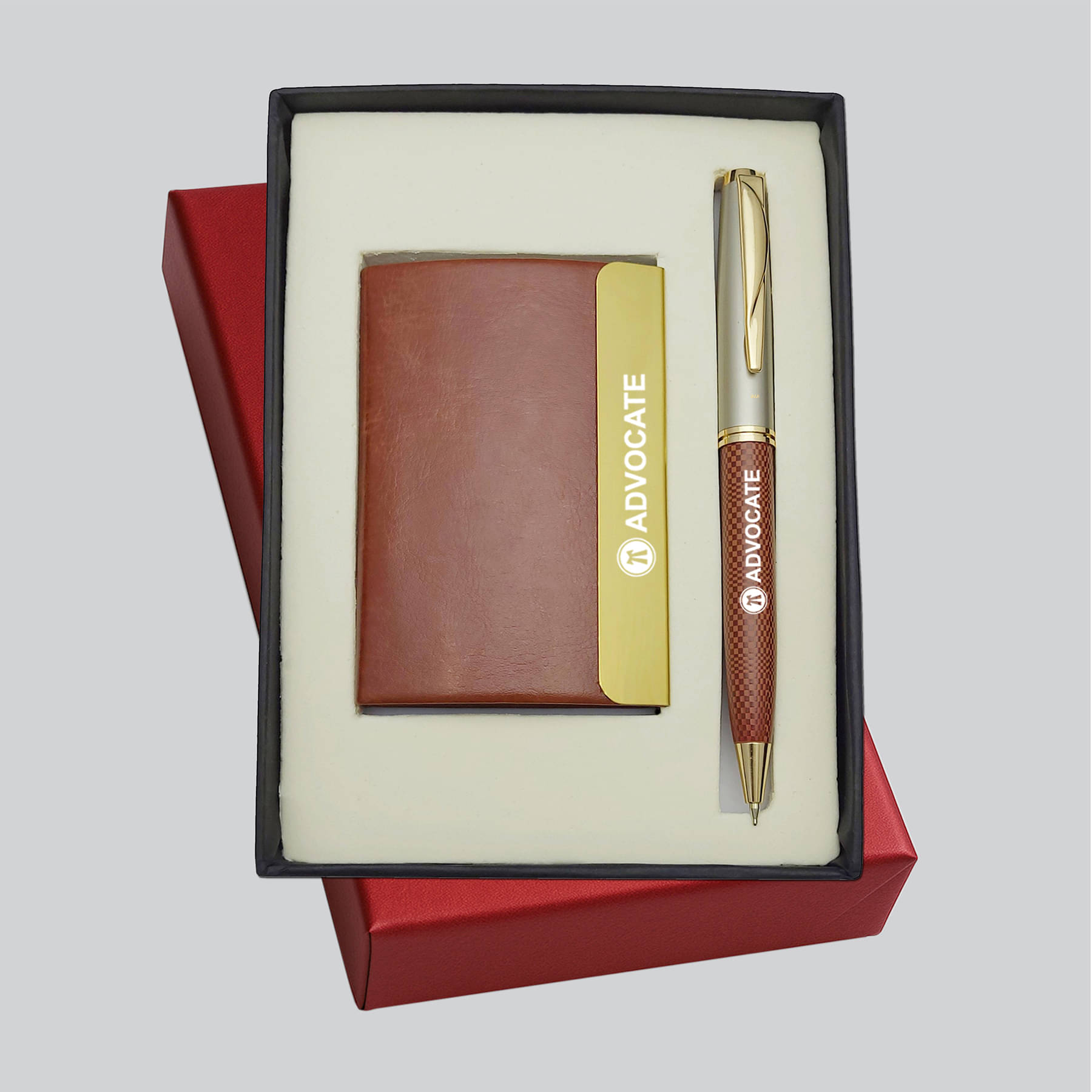     			UJJi Advocate Logo Check Pattern Brown Pen with Brown Card Holder Pen Gift Set