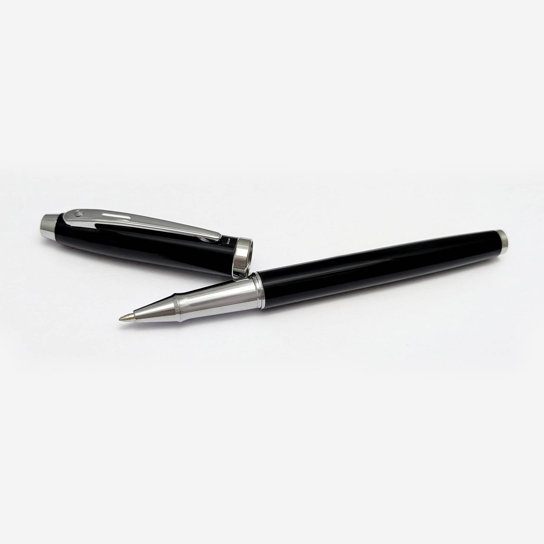 UJJi Black Shiny Chrome Part Blue Ink Cap Open Roller Ball Pen UJJi Black Shiny Chrome Part Blue Ink Cap Open Roller Ball Pen