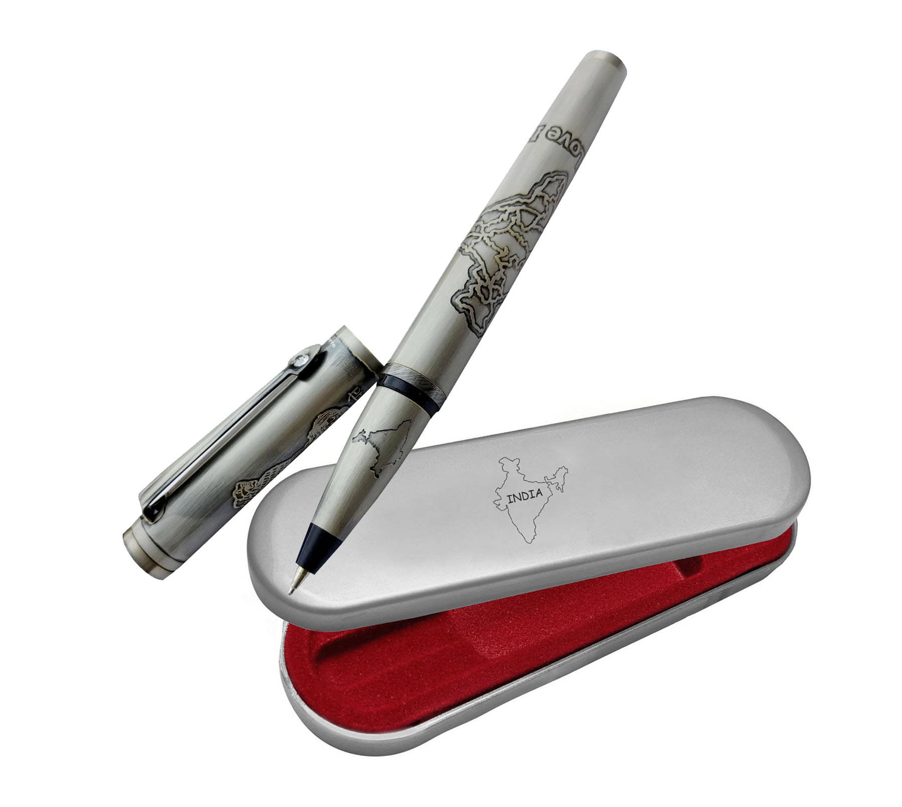     			UJJi India Map Carved Magnetic Cap Closure Metal Roller Ball Pen