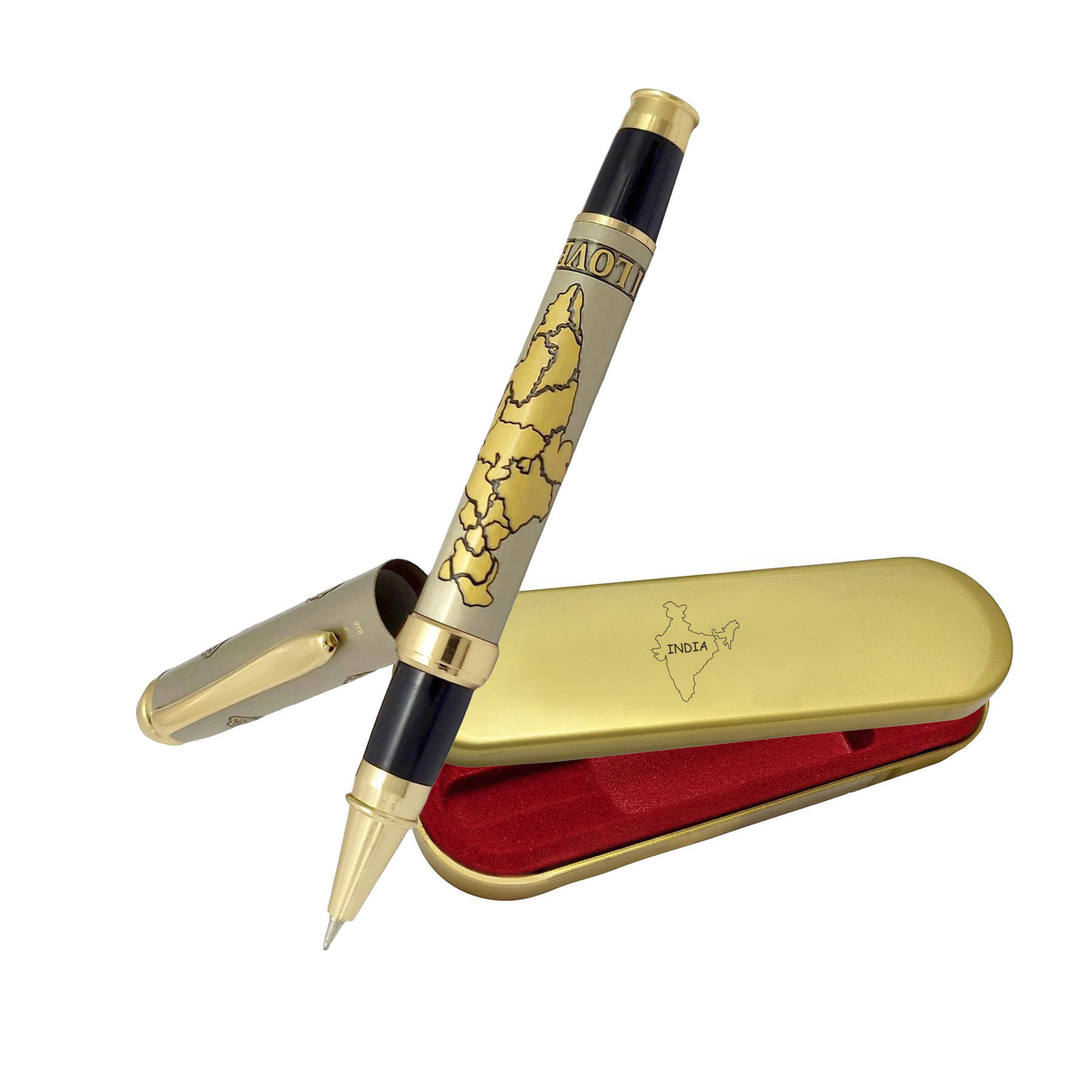     			UJJi India Map Carved Top Stone Cap Closure Metal Roller Ball Pen