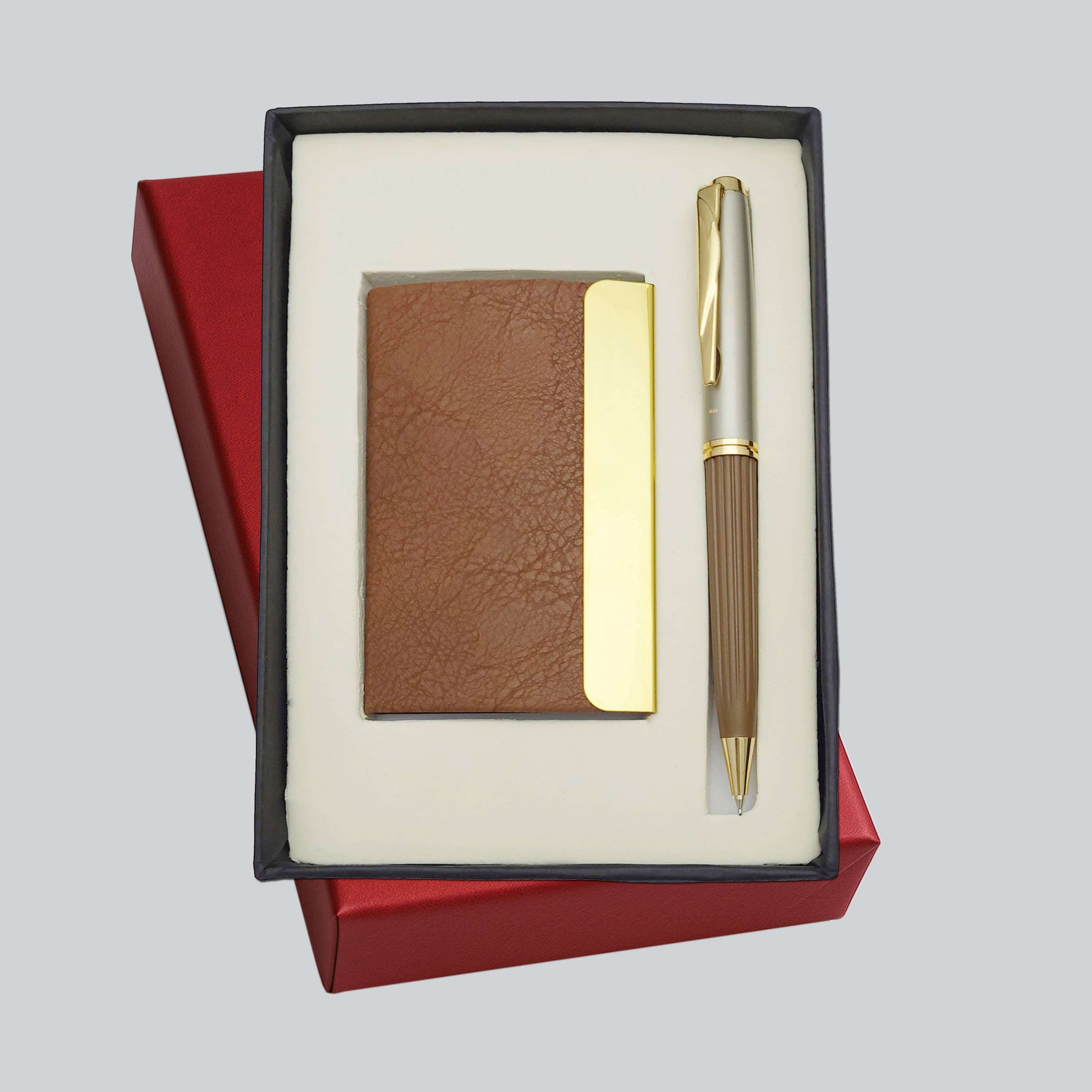 UJJi Line Pattern Brown Pen with Textured Brown Gold Part Card Holder Pen Gift Set UJJi Line Pattern Brown Pen with Textured Brown Gold Part Card Holder Pen Gift Set