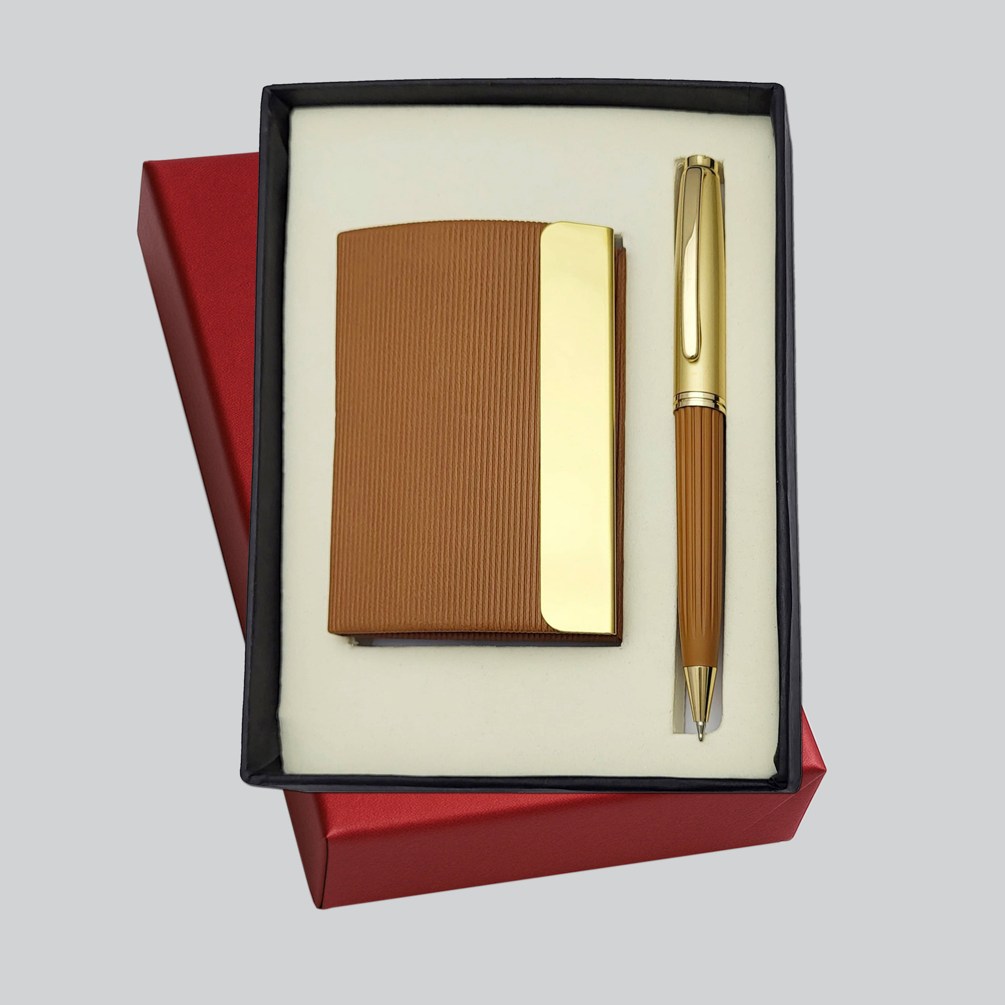     			UJJi Line Pattern Metal Card Holder with PU Flap Pen Gift Set