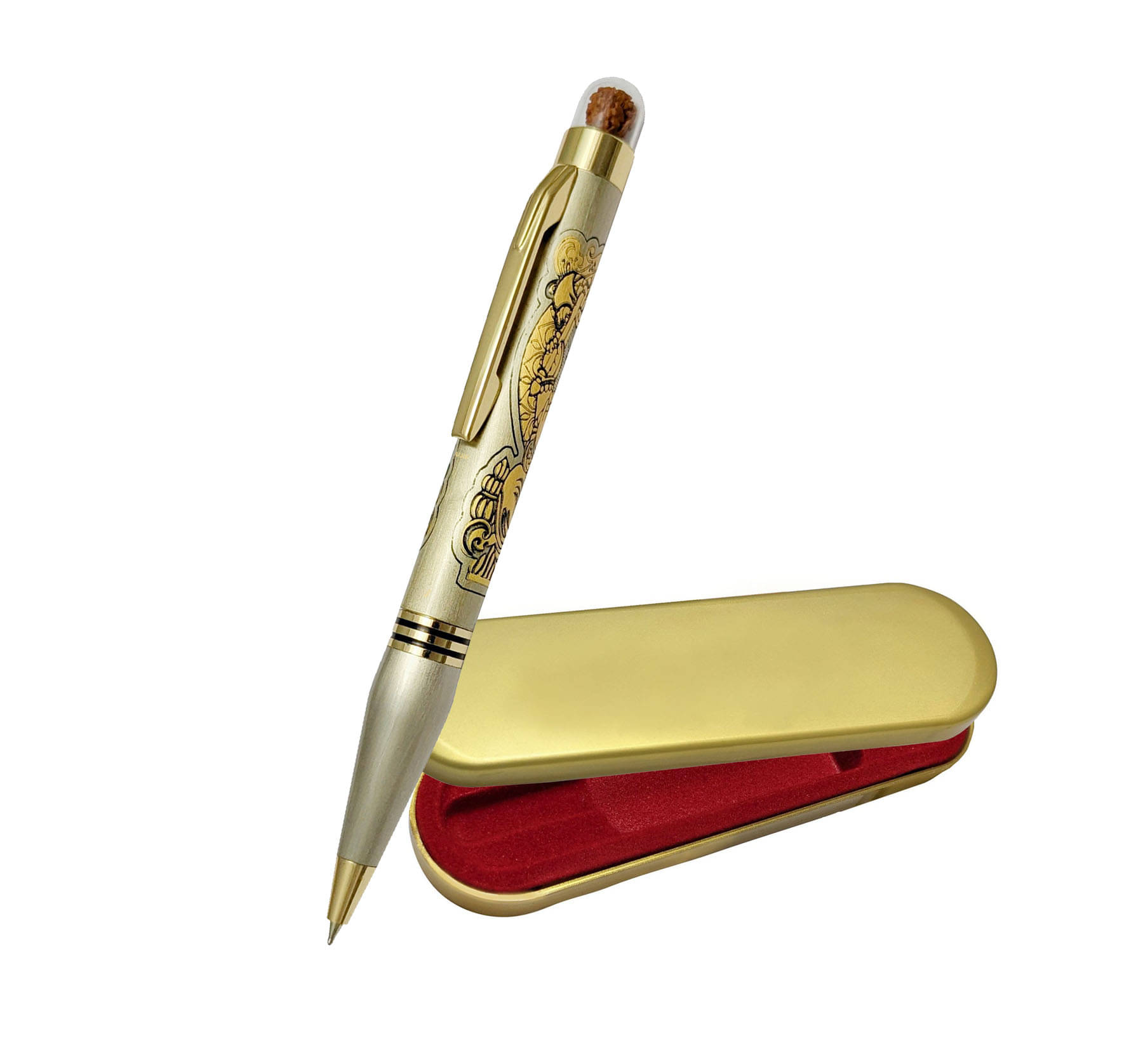UJJi Lord Ganesh Ji Carved Antique Brass pen with Rudraksh Mounted Ball Pen UJJi Lord Ganesh Ji Carved Antique Brass pen with Rudraksh Mounted Ball Pen