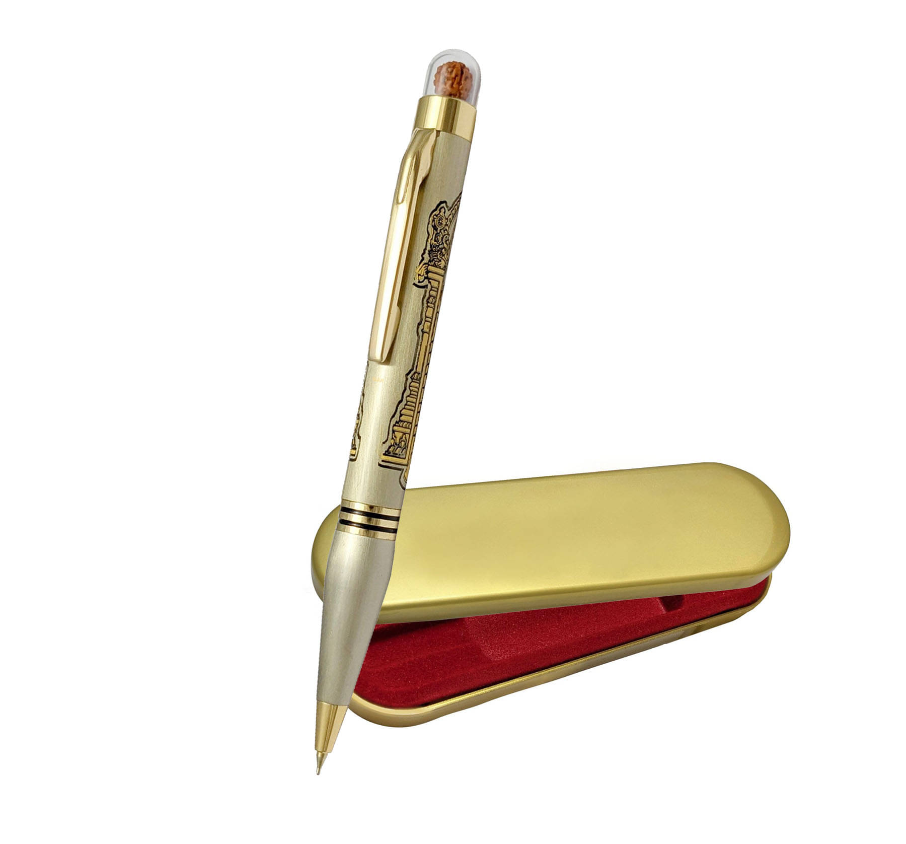 UJJi Shri Balaji Lord Carved Antique Brass pen with Rudraksh Mounted Ball Pen     			UJJi Shri Balaji Lord Carved Antique Brass pen with Rudraksh Mounted Ball Pen