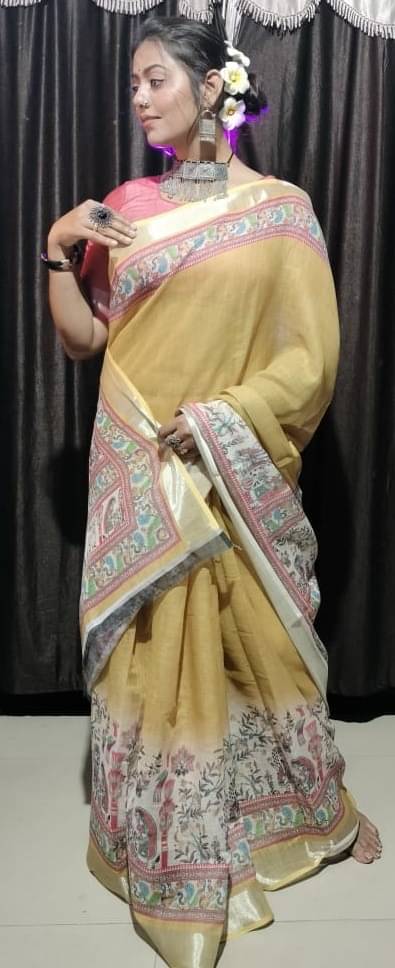     			VTEXX Cotton Printed Regular Saree With Unstitched Blouse Piece ( Mustard )