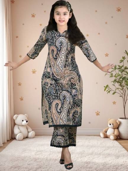     			Various Vault Girls Cotton Blend Kurti with Pants ( Pack of 1 , Black )