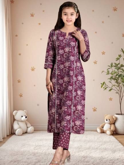     			Various Vault Girls Cotton Blend Kurti with Pants ( Pack of 1 , Wine )