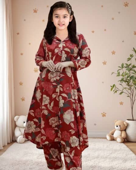 Vetrokart Girls Cotton Blend Kurti with Pants ( Pack of 1 , Maroon )