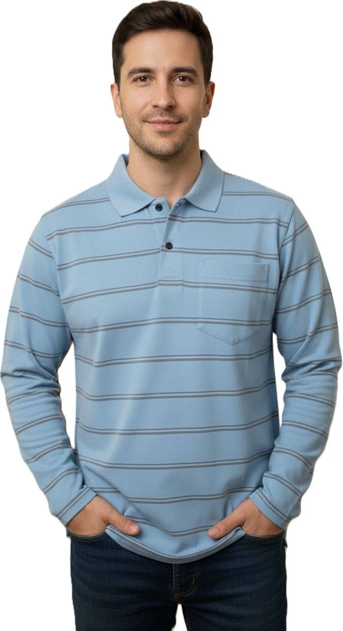     			Alvin Men Cotton Blend Relaxed Fit Striped Polo T Shirt ( Light Blue )