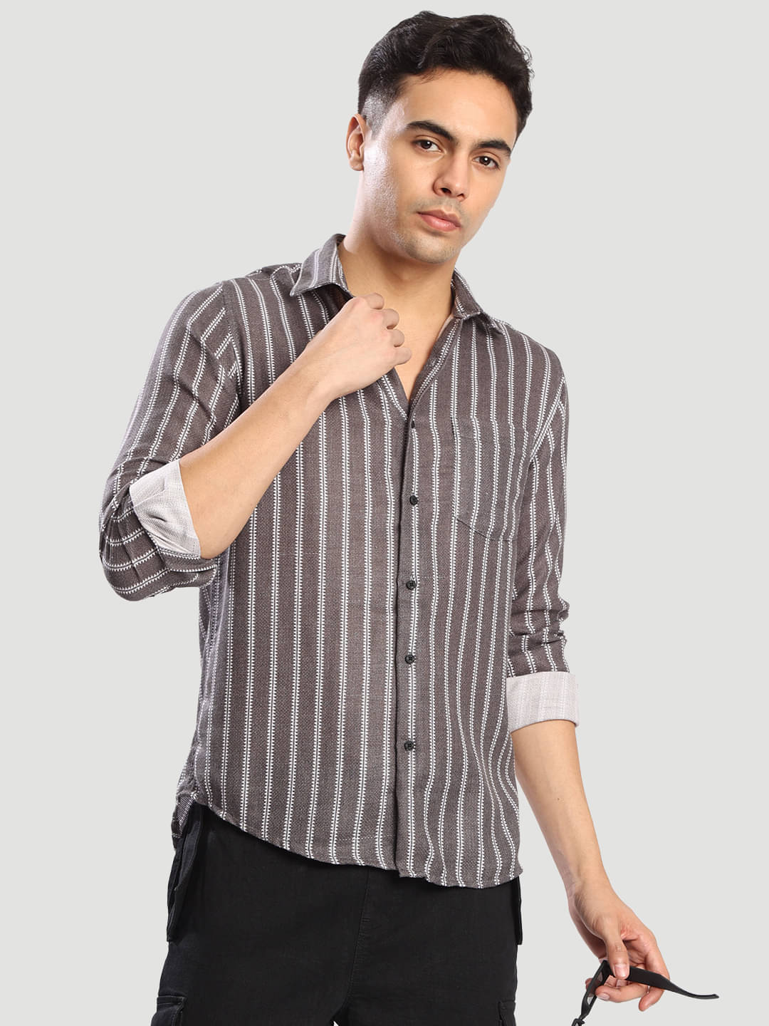    			Bene Kleed Polyester Regular Fit Striped Full Sleeves Men's Casual Shirt - Grey ( Pack of 1 )