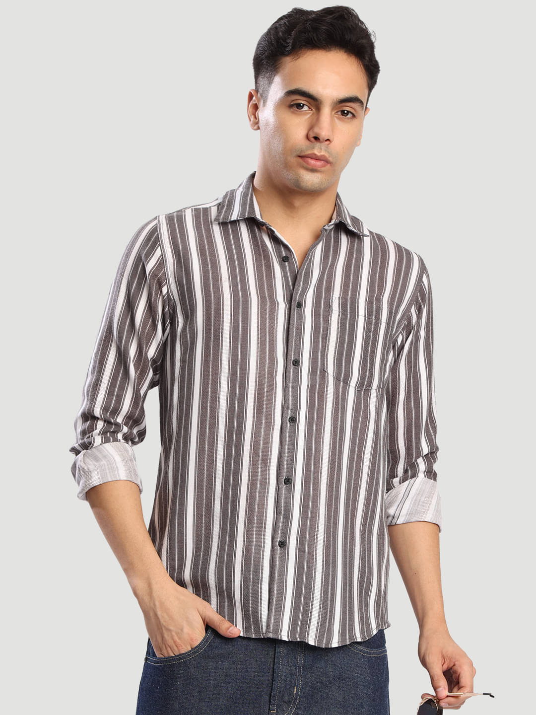 Bene Kleed Polyester Regular Fit Striped Full Sleeves Men's Casual Shirt - Grey ( Pack of 1 )     			Bene Kleed Polyester Regular Fit Striped Full Sleeves Men's Casual Shirt - Grey ( Pack of 1 )