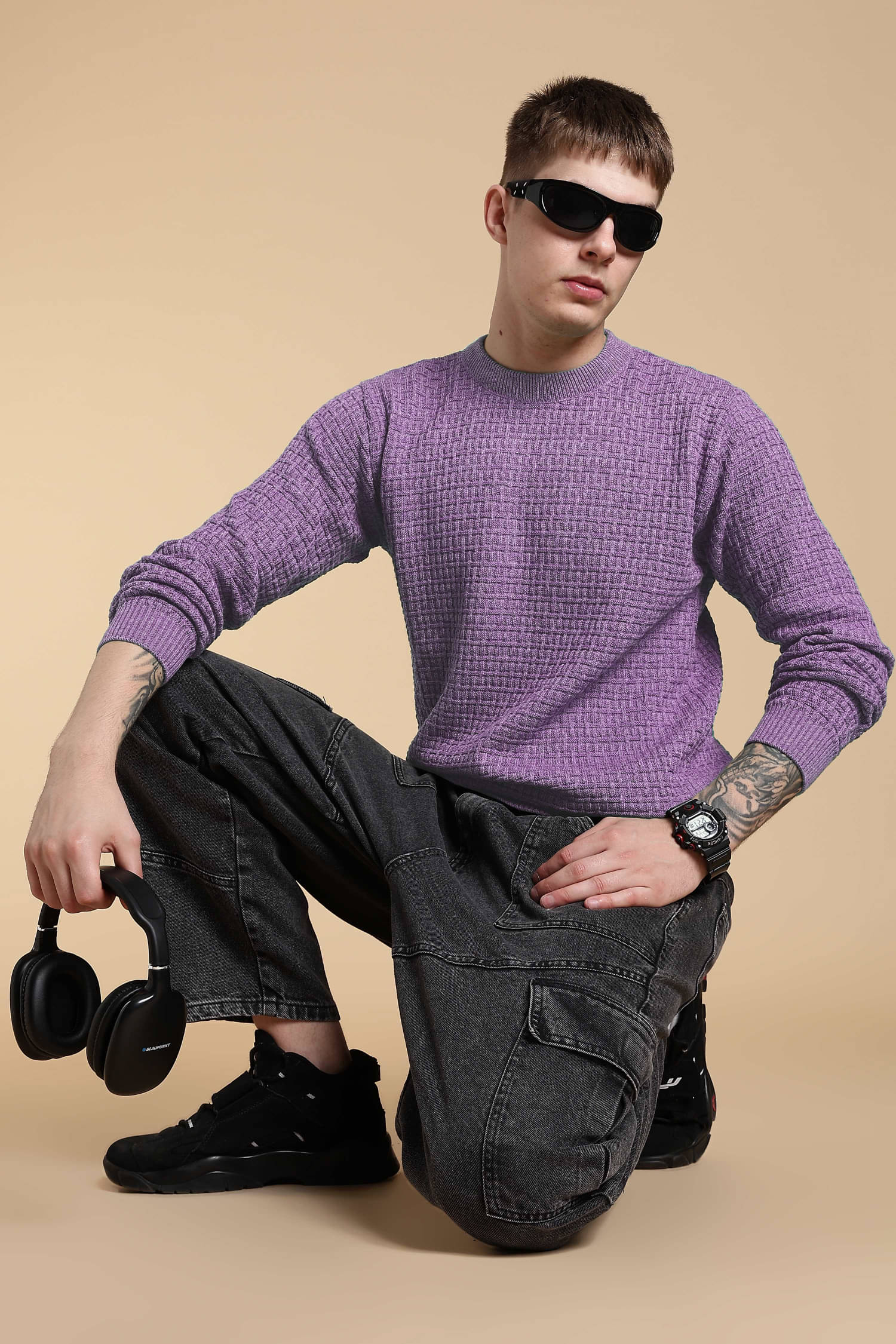     			CAT BUNNY Woollen Blend Round Neck Men's Full Sleeves Pullover Sweater - Purple ( Pack of 1 )