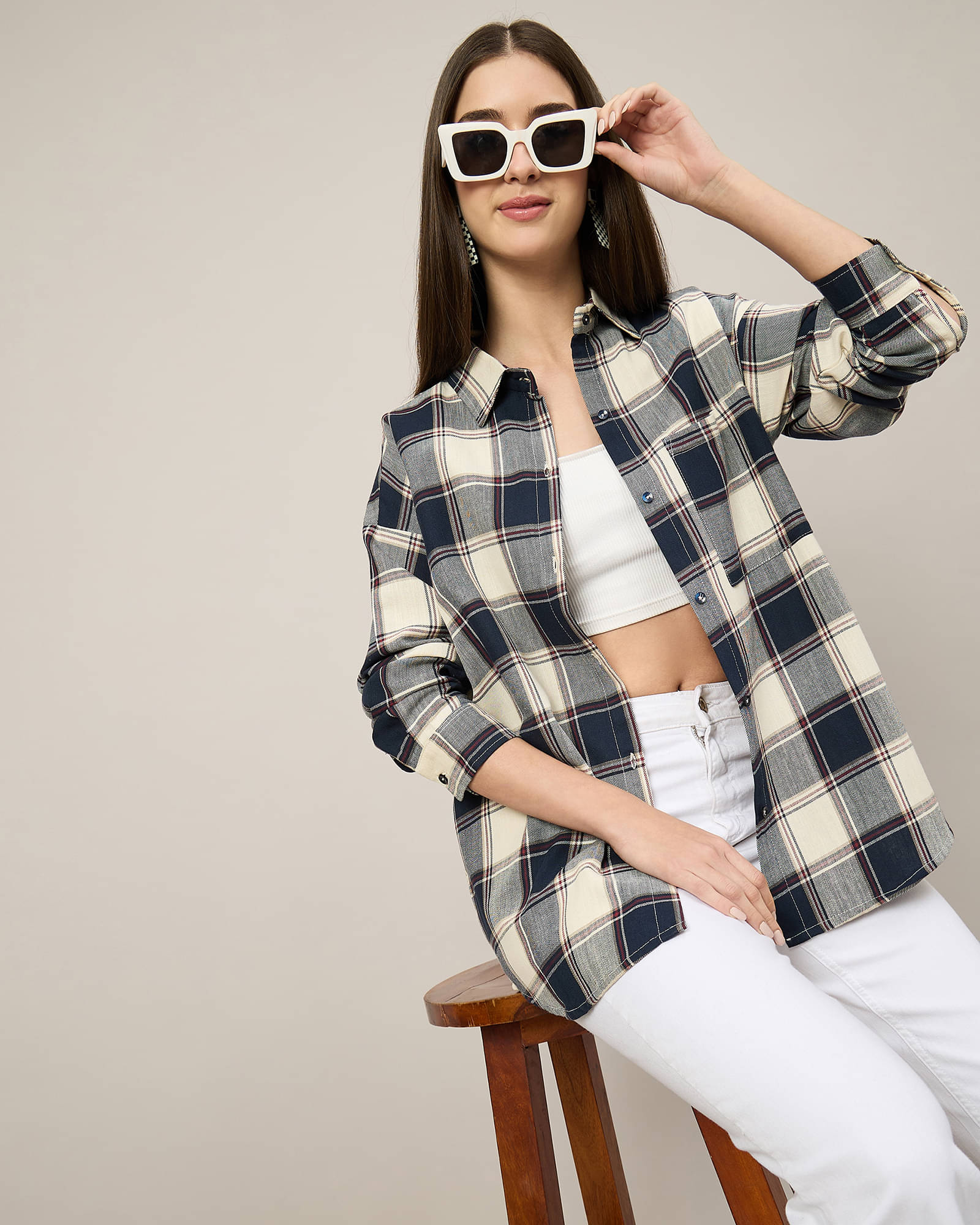    			Chimpaaanzee Women Checked Cotton Shirt ( Navy Blue )