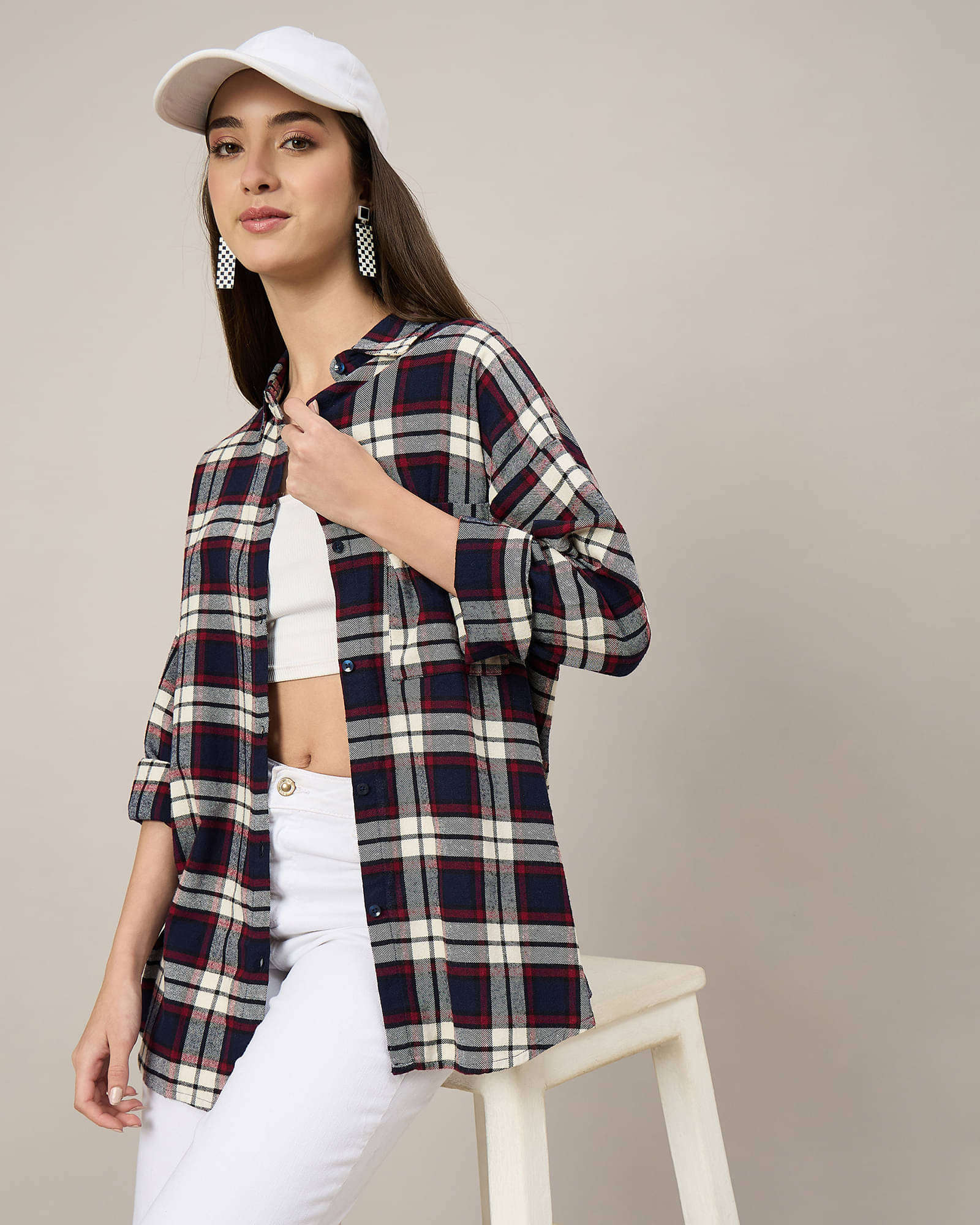     			Chimpaaanzee Women Checked Cotton Shirt ( Navy )