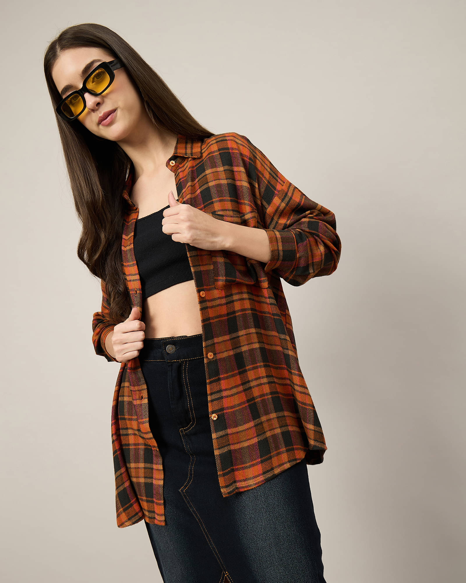 Chimpaaanzee Women Checked Viscose Shirt ( Orange ) Chimpaaanzee Women Checked Viscose Shirt ( Orange )