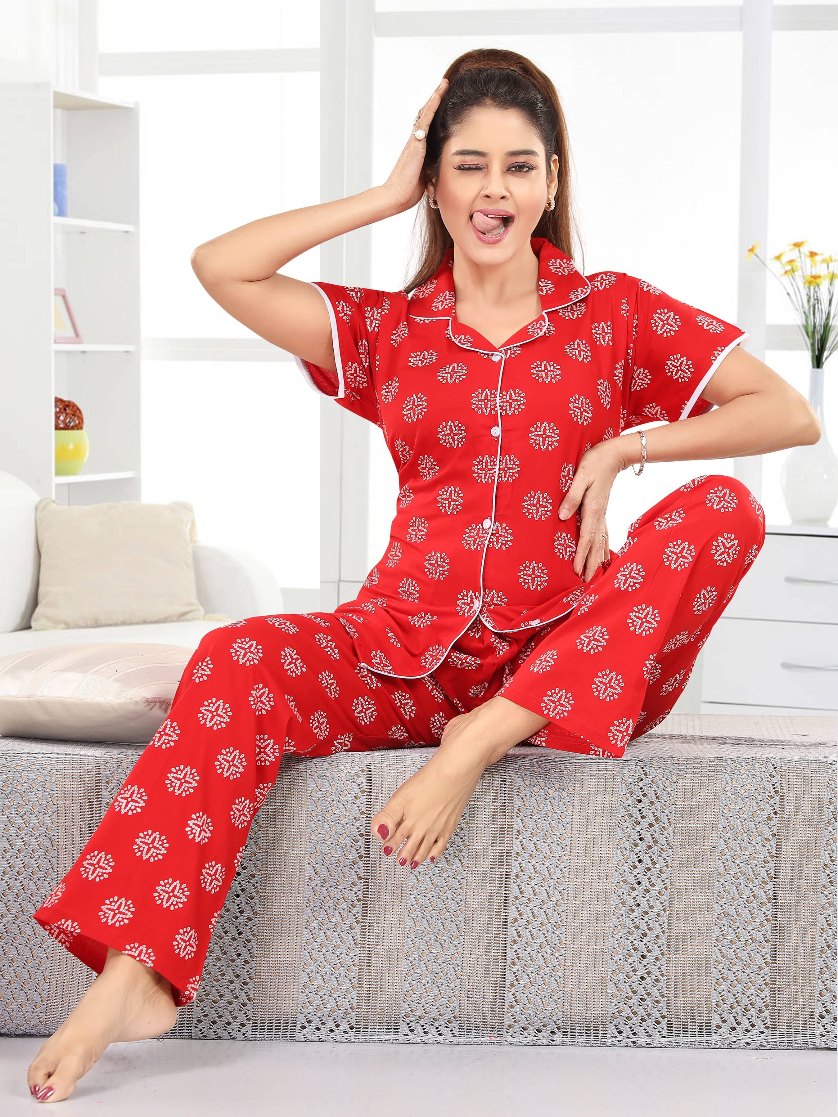     			Cinco Cotton Self Design Women Top with Pyjama ( Red )