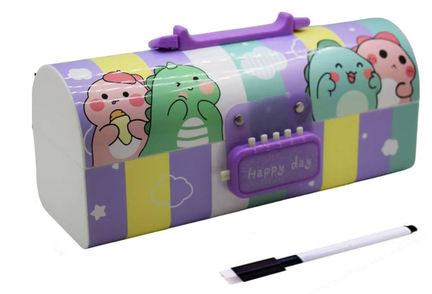 Dino Multi-Layer Pencil Box With Lock Code Locker Style Pencil Box With White Board Marker     			Dino Multi-Layer Pencil Box With Lock Code Locker Style Pencil Box With White Board Marker
