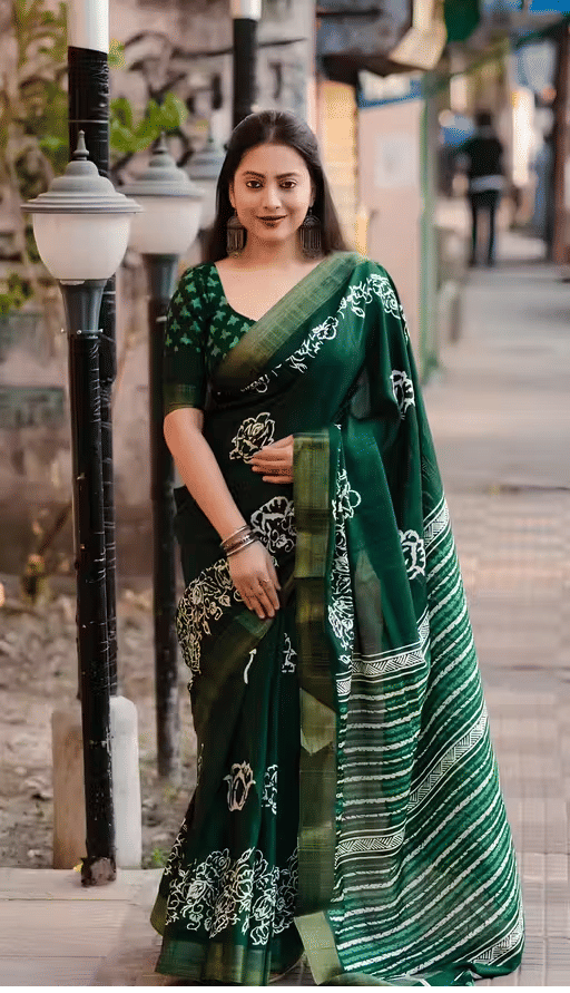 Ditya Fashion Cotton Blend Printed Regular Saree With Unstitched Blouse Piece ( Green )     			Ditya Fashion Cotton Blend Printed Regular Saree With Unstitched Blouse Piece ( Green )