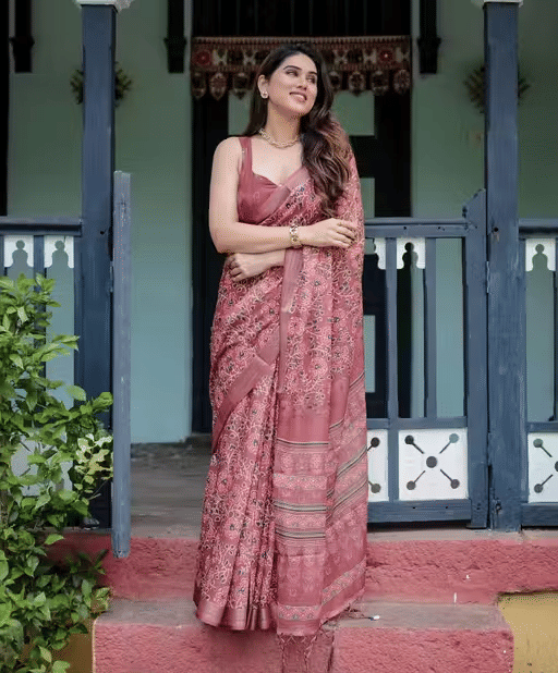     			Ditya Fashion Cotton Blend Printed Regular Saree With Unstitched Blouse Piece ( Brown )