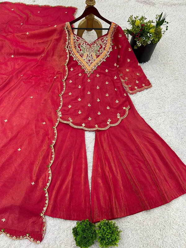     			Garv Enterprises Women Silk Embroidered Ethnic Motifs Kurti With Alladin Salwar ( Pink )