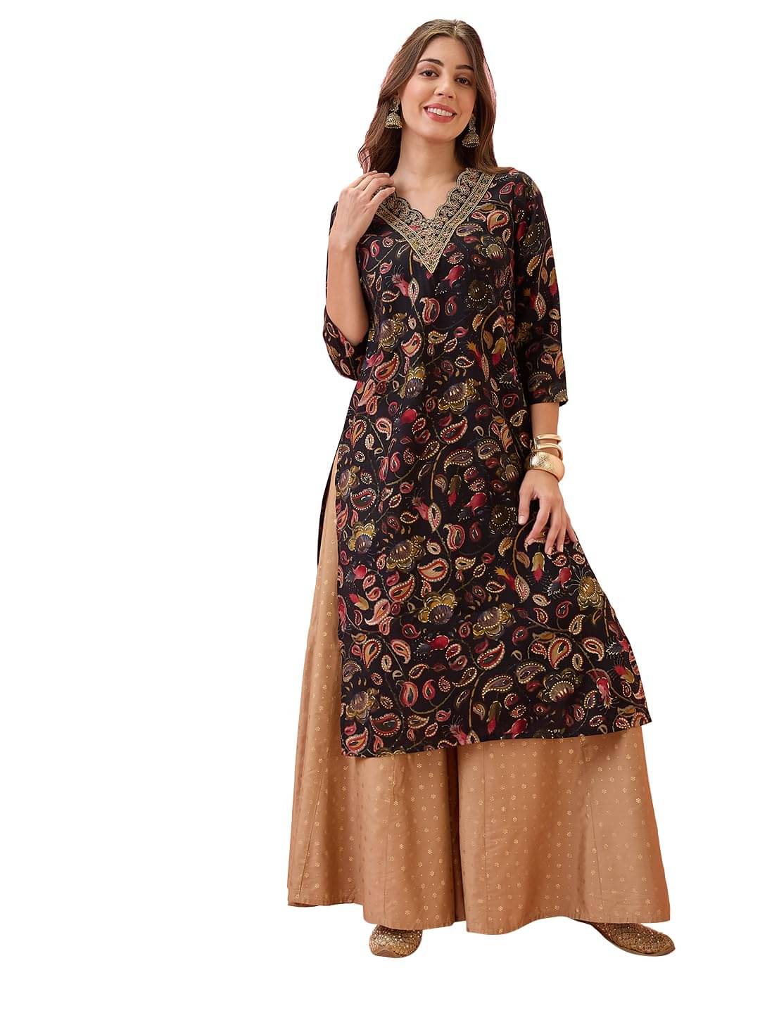Globus Women Chanderi Printed A-line Kurti ( Black ) Globus Women Chanderi Printed A-line Kurti ( Black )