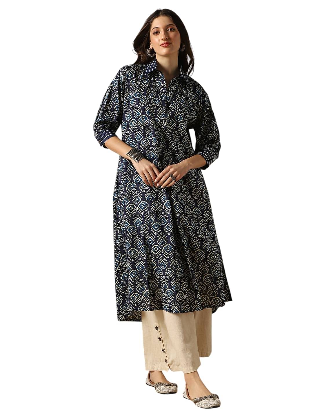     			Globus Women Cotton Blend Printed A-Line Kurti ( Indigo )