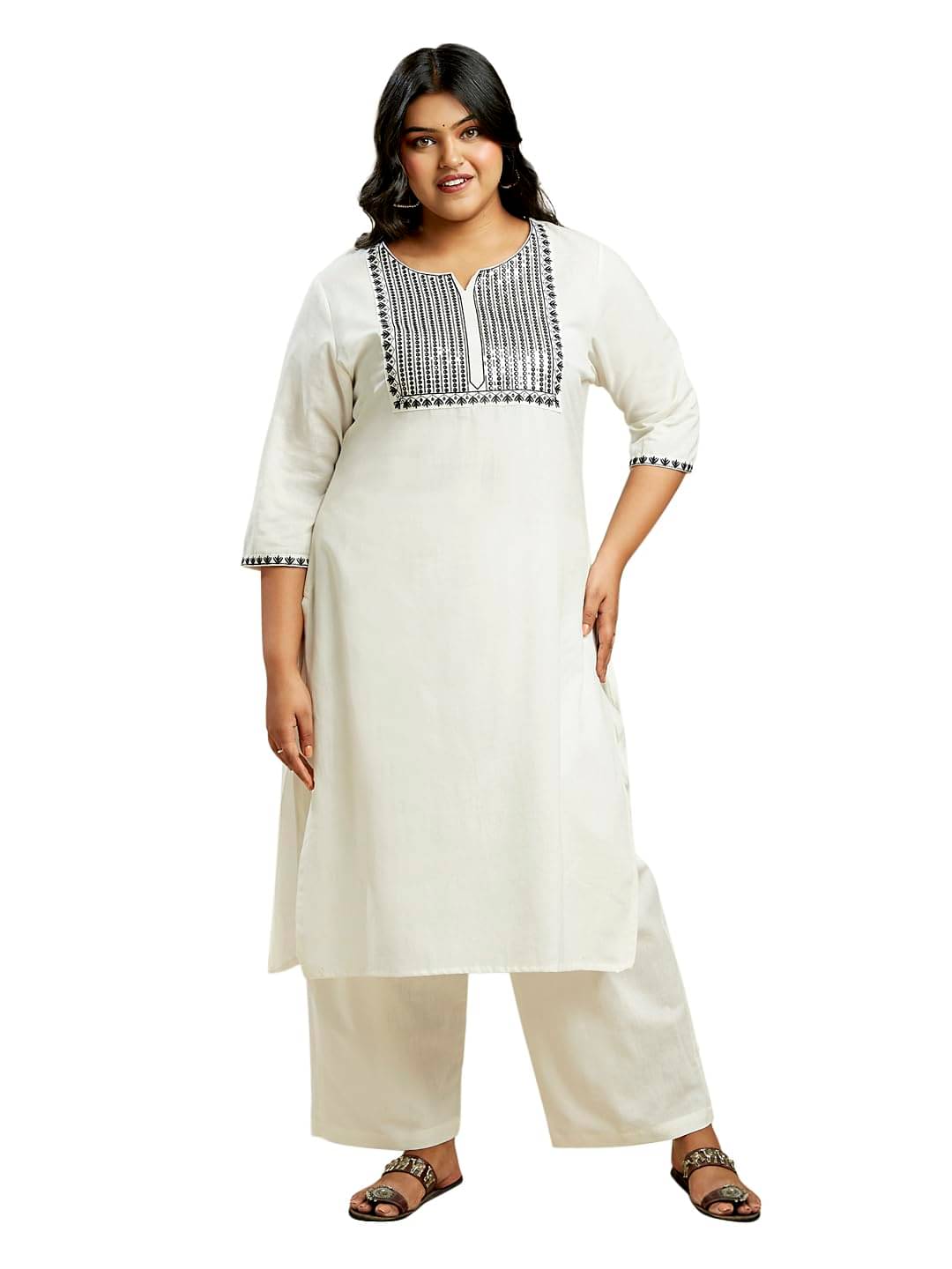    			Globus Women Cotton Blend Solid Straight Kurti With Pants ( Off White )