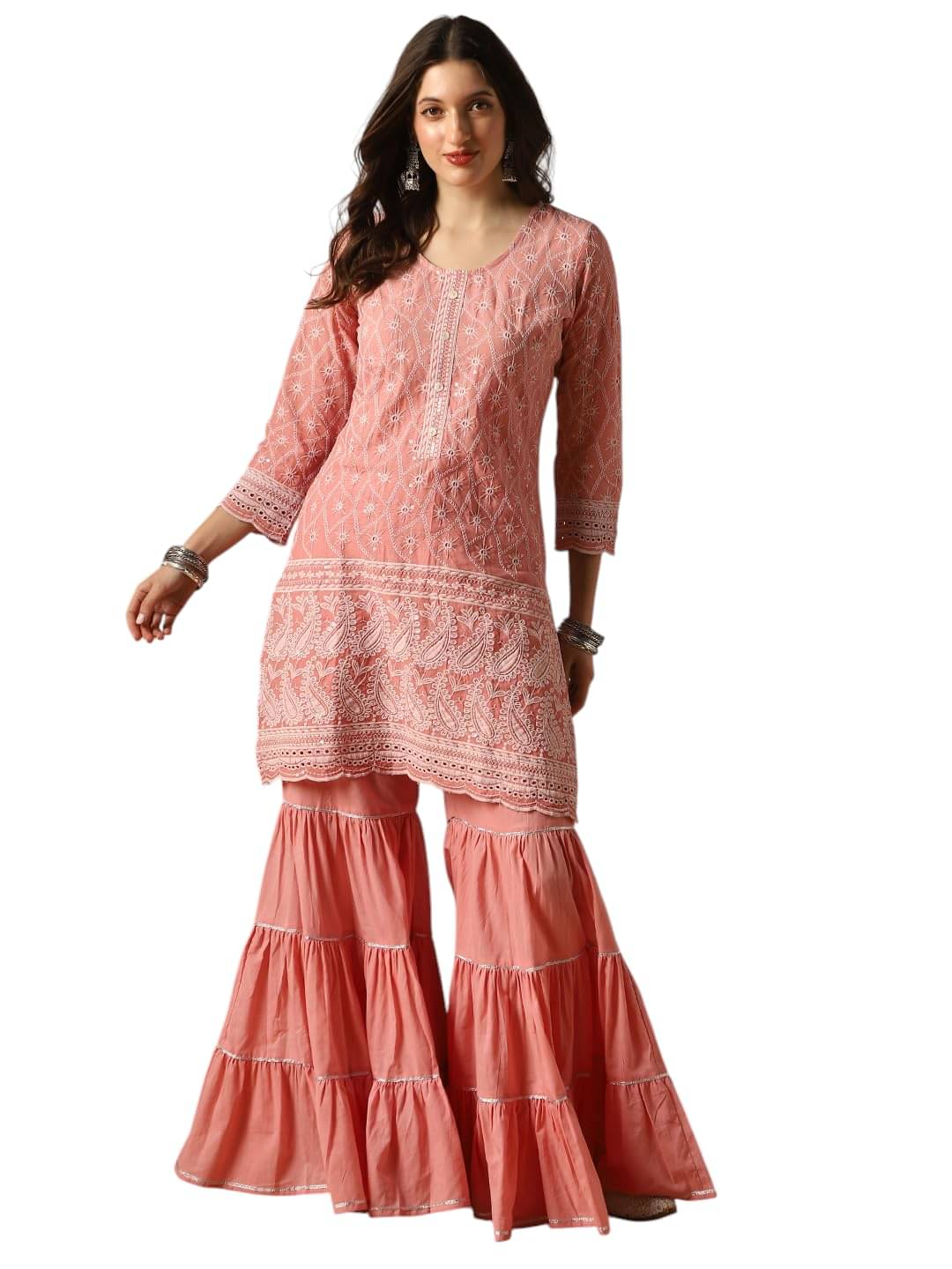 Globus Women Cotton Embroidered Straight Kurti With Sharara And Gharara ( Pink )     			Globus Women Cotton Embroidered Straight Kurti With Sharara And Gharara ( Pink )