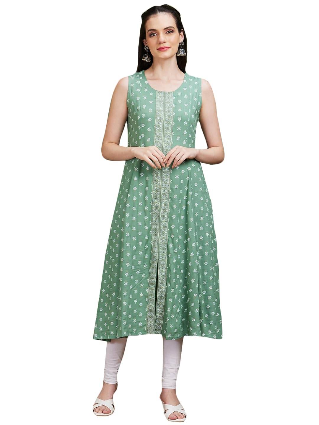     			Globus Women Cotton Printed A-Line Kurti ( Green )