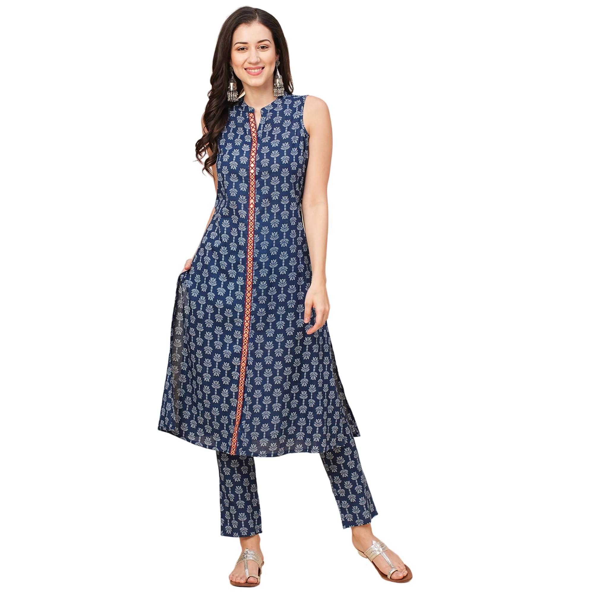     			Globus Women Cotton Printed A-Line Kurti With Pants ( Indigo )