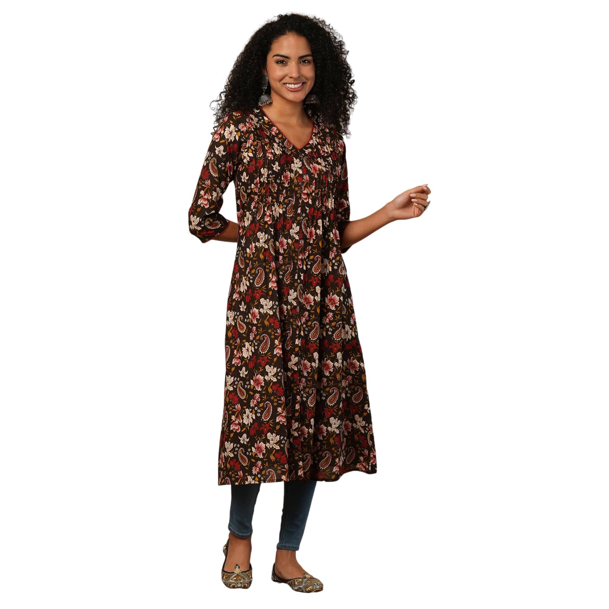     			Globus Women Cotton Printed A-Line Kurti ( Brown )