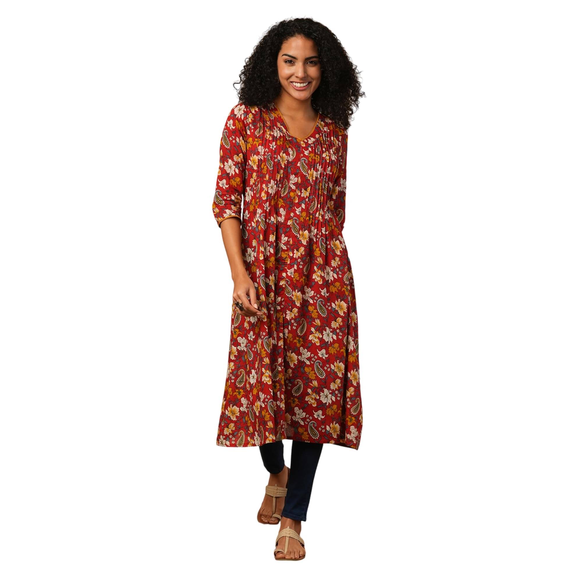     			Globus Women Cotton Printed A-Line Kurti ( Maroon )