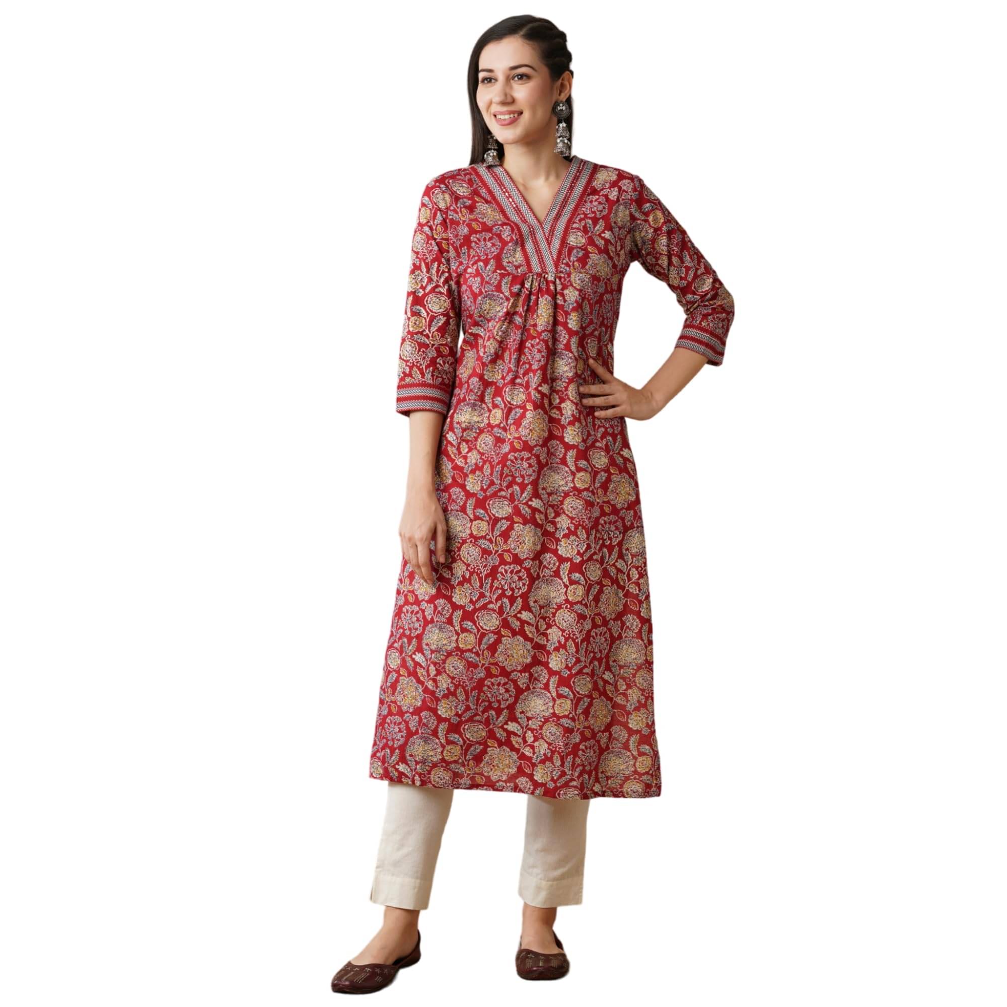     			Globus Women Cotton Printed A-Line Kurti ( Maroon )