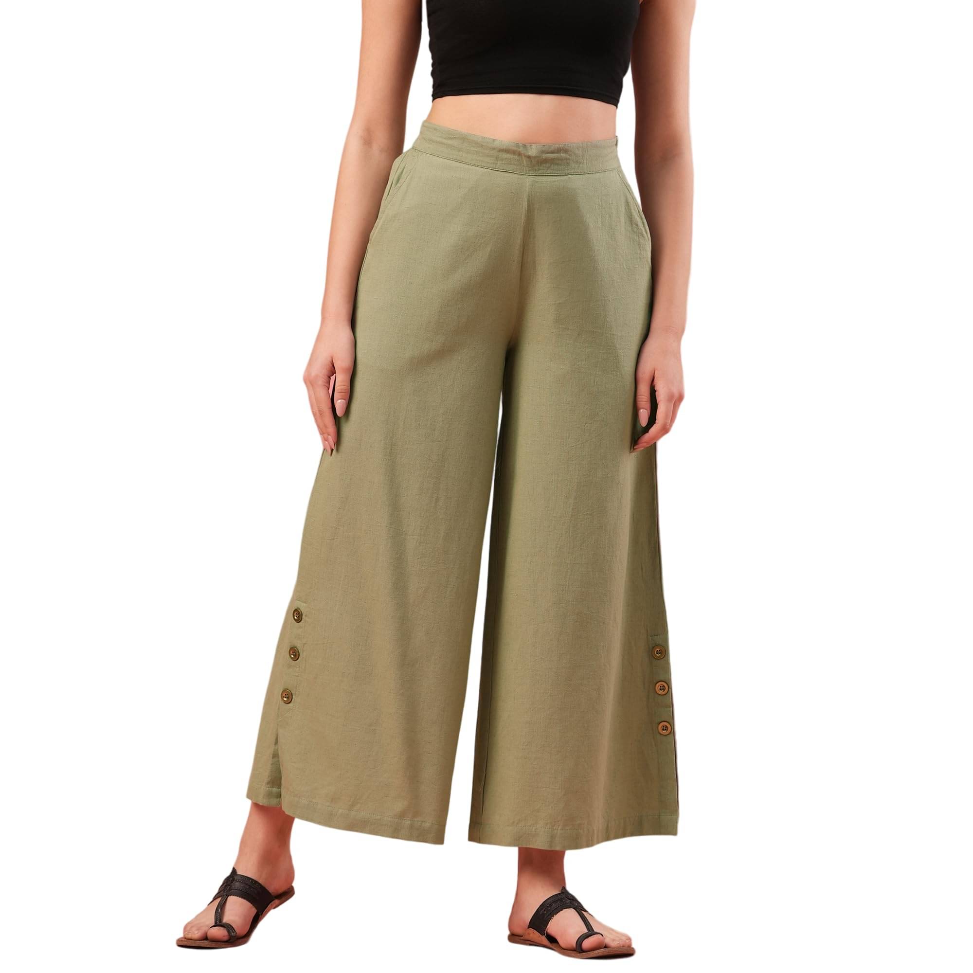     			Globus Women Cotton Solid Palazzos ( Green )