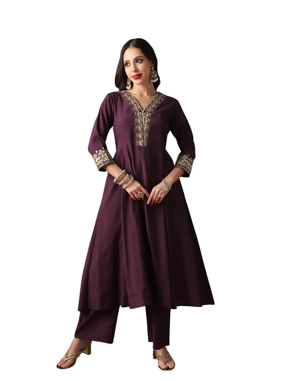     			Globus Women Silk Blend Embroidered Anarkali Kurti With Pants ( Purple )