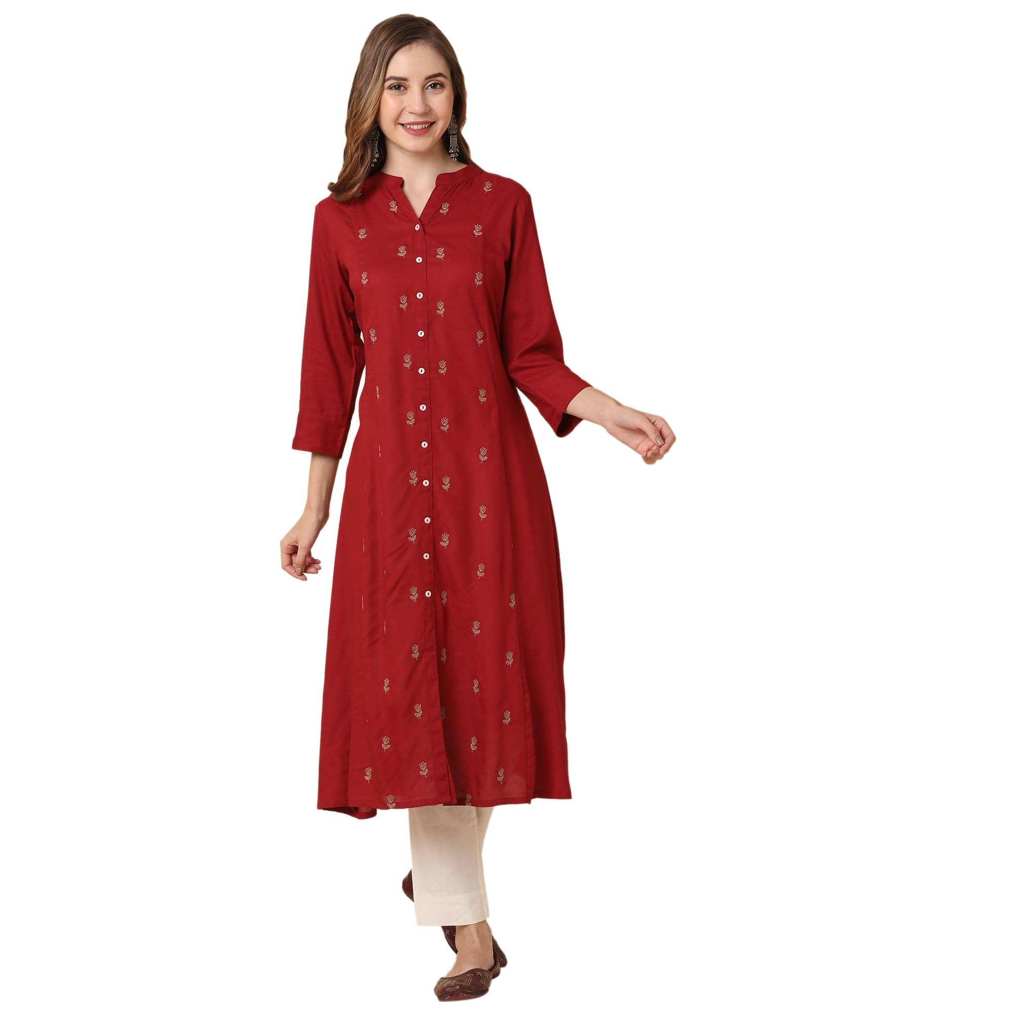 Globus Women Viscose Printed A-Line Kurti ( Maroon ) Globus Women Viscose Printed A-Line Kurti ( Maroon )