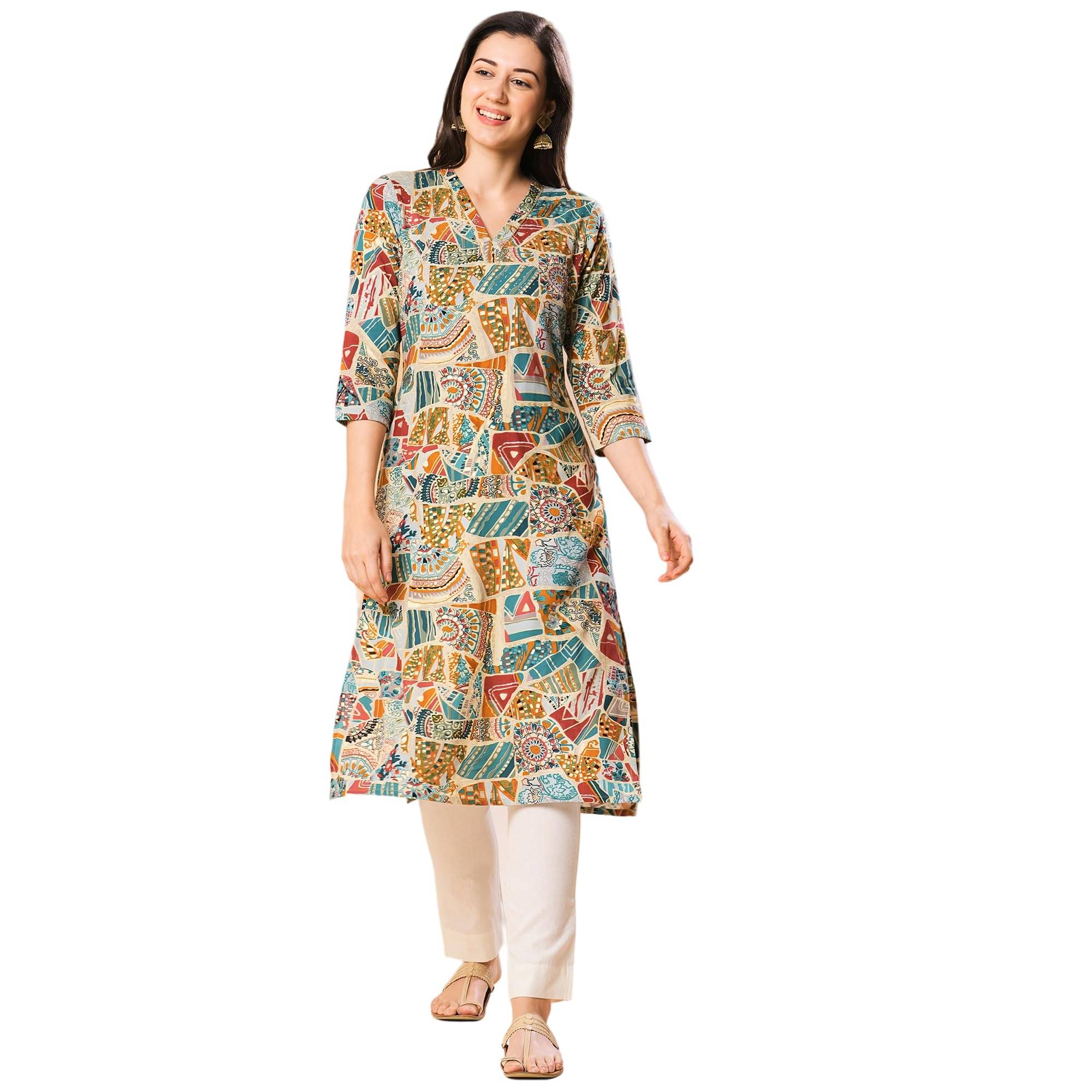 Globus Women Viscose Printed A-line Kurti ( Multicolor ) Globus Women Viscose Printed A-line Kurti ( Multicolor )