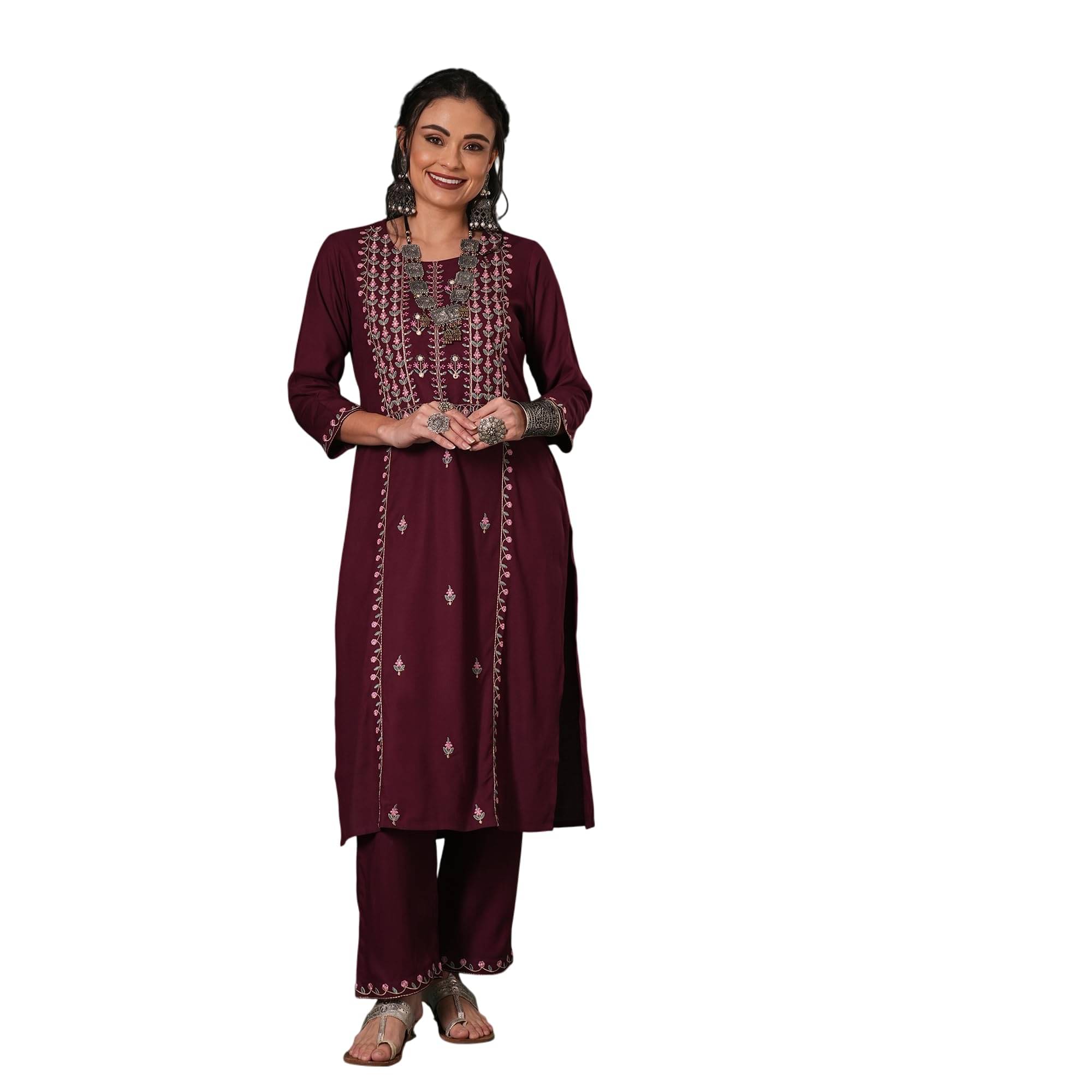     			Globus Women Viscose Solid Straight Kurti With Pants ( Purple )