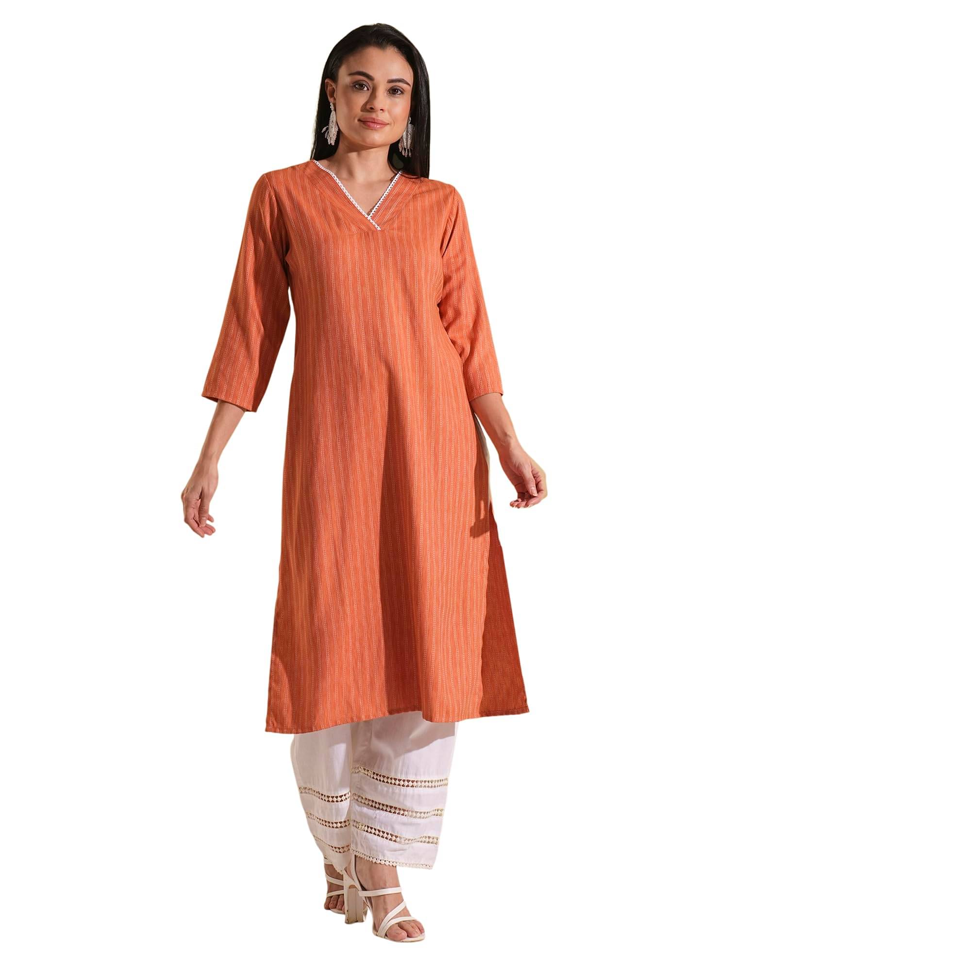 Globus Women Viscose Striped A-line Kurti ( Rust ) Globus Women Viscose Striped A-line Kurti ( Rust )