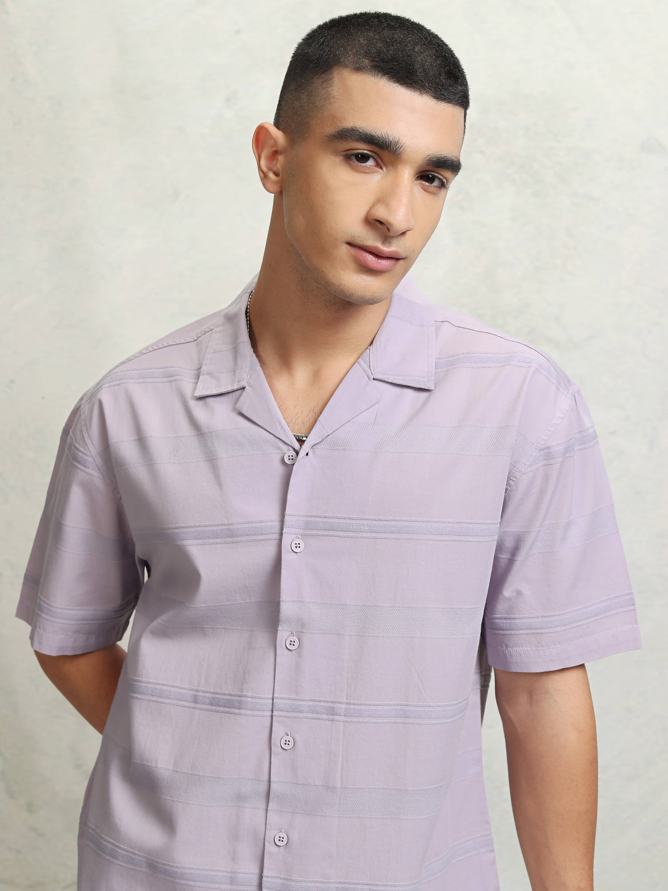     			Highlander 100% Cotton Relaxed Fit Striped Half Sleeves Men's Casual Shirt - Lavender ( Pack of 1 )