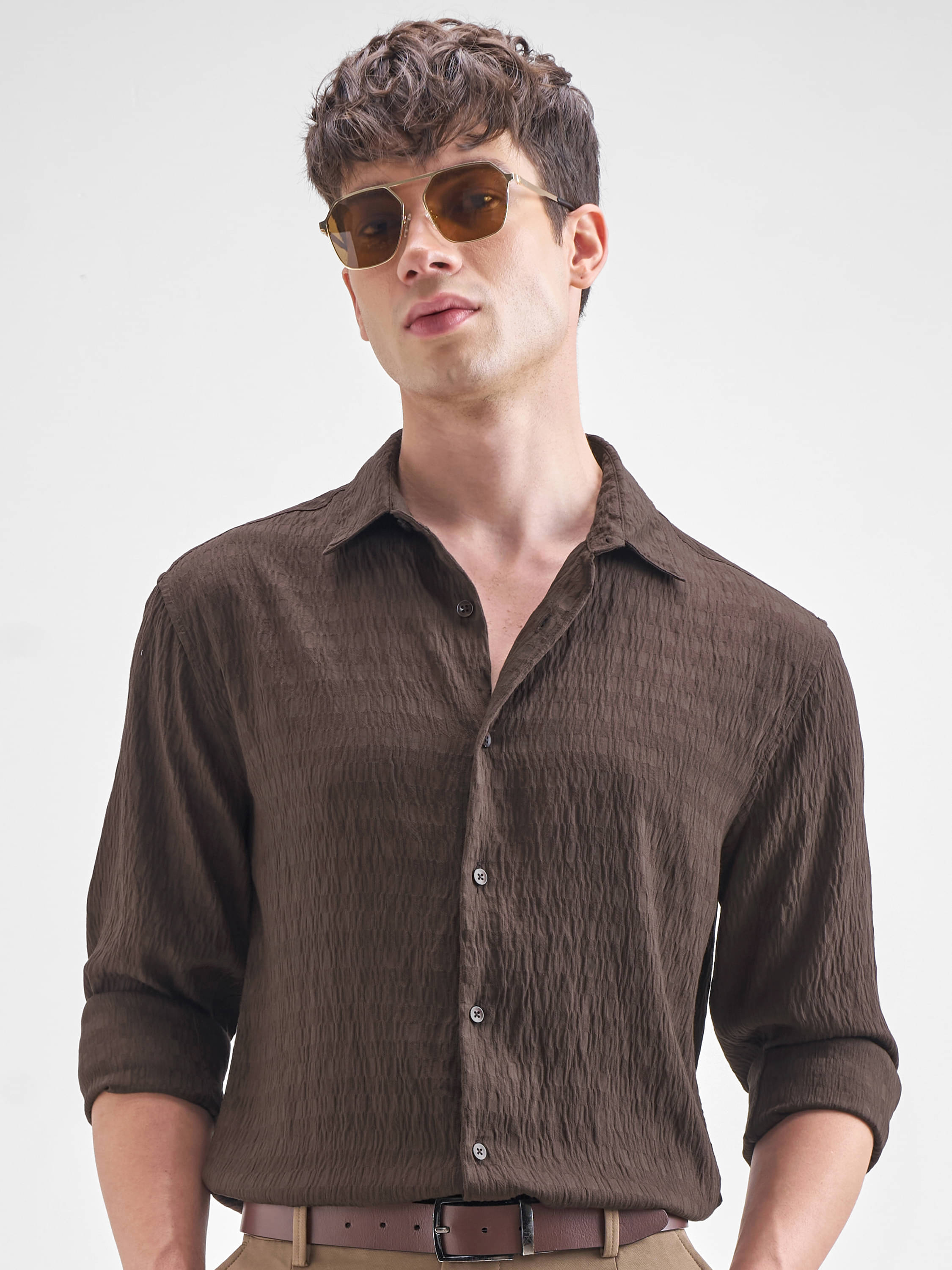     			Highlander Viscose Slim Fit Self Design Full Sleeves Men's Casual Shirt - Coffee ( Pack of 1 )