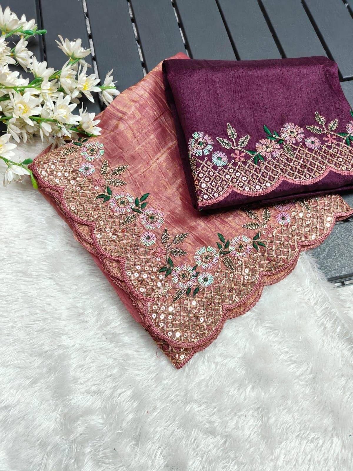INDIAN SILKS Tissue Embroidered Regular Saree With Unstitched Blouse Piece ( Peach ) INDIAN SILKS Tissue Embroidered Regular Saree With Unstitched Blouse Piece ( Peach )