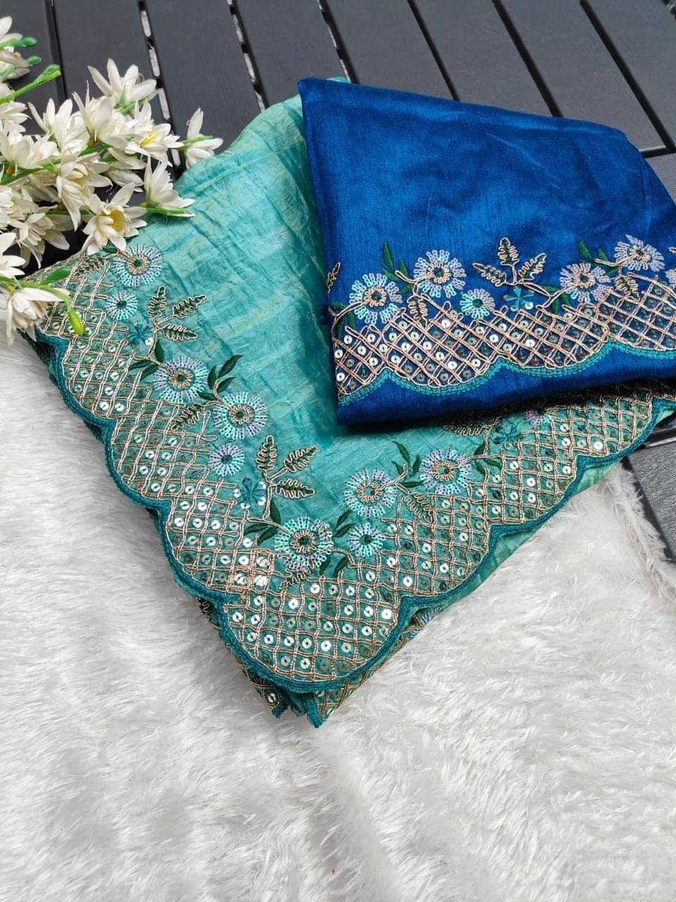 INDIAN SILKS Tissue Embroidered Regular Saree With Unstitched Blouse Piece ( Light Blue ) INDIAN SILKS Tissue Embroidered Regular Saree With Unstitched Blouse Piece ( Light Blue )