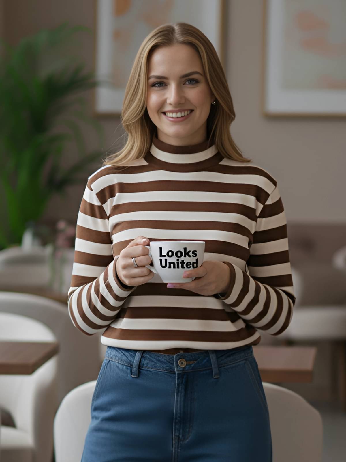     			Looks United Women's Woollen High Neck Sweatshirt ( Brown )