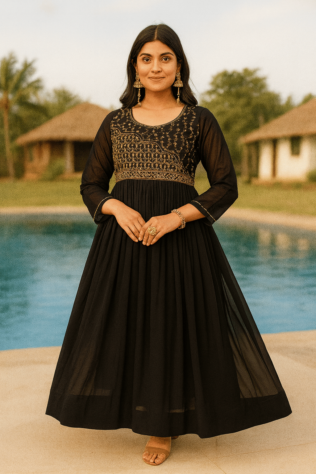     			Maa Enterprise Women Georgette Flared Stitched Ethnic Gown ( Black )